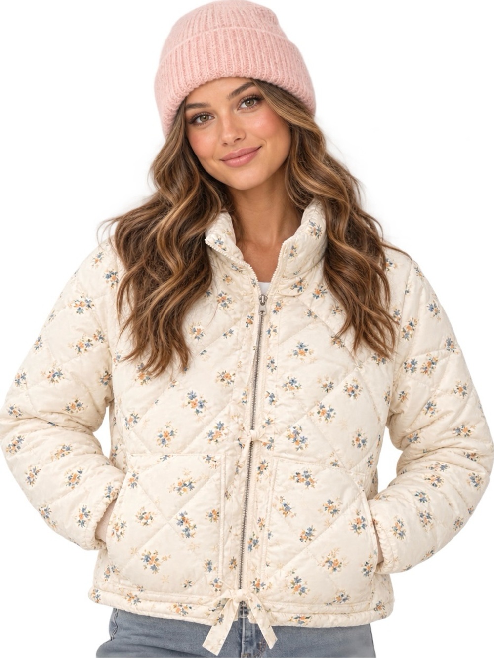Coquette style bow accent floral puffer jacket